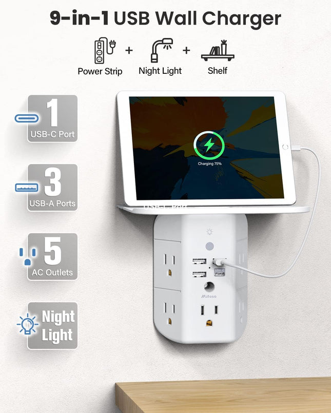 Wall Outlet Extender with Shelf, Night Light, Surge Protector, 5 AC & 3 USB Ports