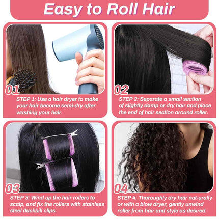 48PCS Hair Rollers Set, 24 Curlers & 24 Clips, Jumbo to Small Sizes for All Hair Lengths, Purple