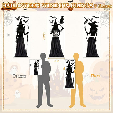 3-Sheet Halloween Witch Window Clings, Double-Sided Black Cat Bat Gothic Decals