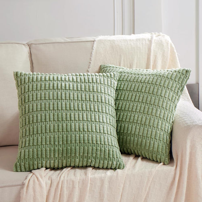 2-Pack Sage Green Throw Pillow Covers – 18x18”, Striped Corduroy, Farmhouse