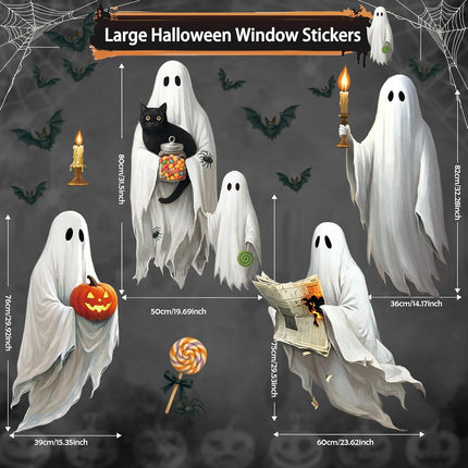 4-Sheet Large Halloween Ghost Window Clings 16.9x35.4in, Reusable Spooky Decals