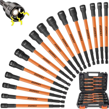 16-Pcs Long Magnetic Nut Driver Set – SAE & Metric, 6" Hex Shank, Cr-V Steel
