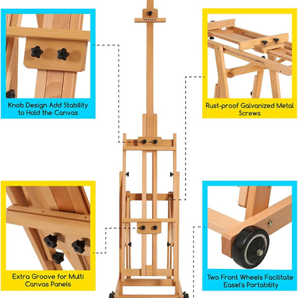 Painting Easel H-Frame, Adjustable Beech Wood, Holds Canvas Art up to 77"