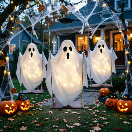 2-Pack Solar Hanging Swing Ghost Halloween Decor with String Lights for Yard & Porch