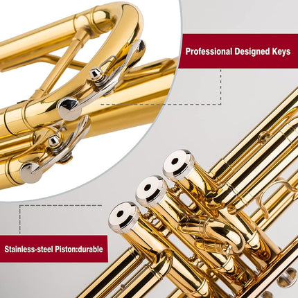 Bb Trumpet for Beginners & Advanced Students – Gold, Case & Pair of Gloves Included