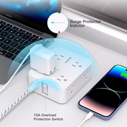8-Outlet Surge Protector Power Strip, 4 USB Ports (2 USB-C), 5Ft Extension Cord