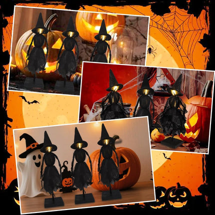 3-Piece Halloween Witch Decorations, Wooden Stand Signs with White LED Lights