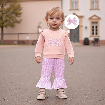 Infant Baby Girl Fall Clothes – Ruffle Sweatshirt & Plaid Bell Bottom Set