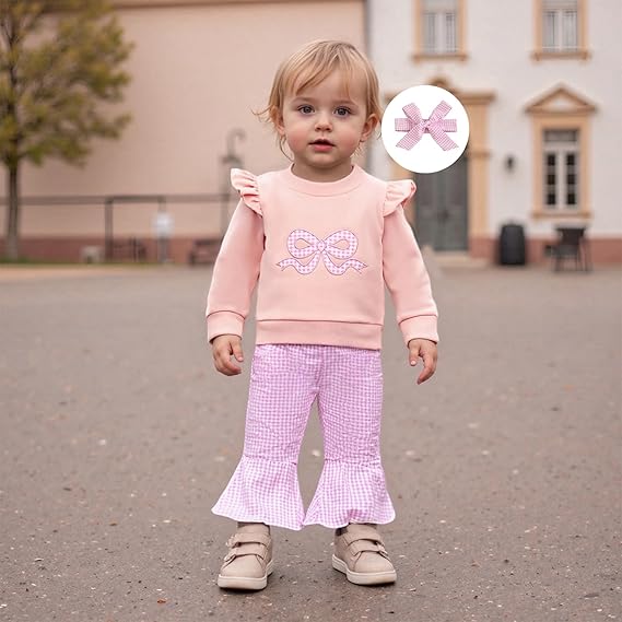 Infant Baby Girl Fall Clothes – Ruffle Sweatshirt & Plaid Bell Bottom Set