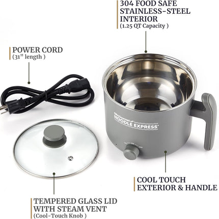 Electric Hot Pot 1.5L Stainless Steel, Ramen, Rice & Soup Cooker with Glass Lid