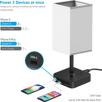Bedside Table Lamp Touch Control USB C+A 2 AC Outlets Black Fabric Shade White