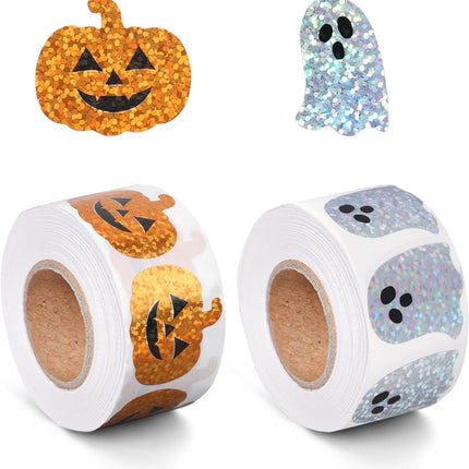 1000-Piece Halloween Sticker Roll, Sparkly Ghost & Pumpkin Waterproof Decals