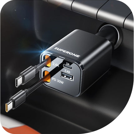 Retractable Car Charger – 4 in 1, USB C Fast Charging, Dual Type C for iPhone & More