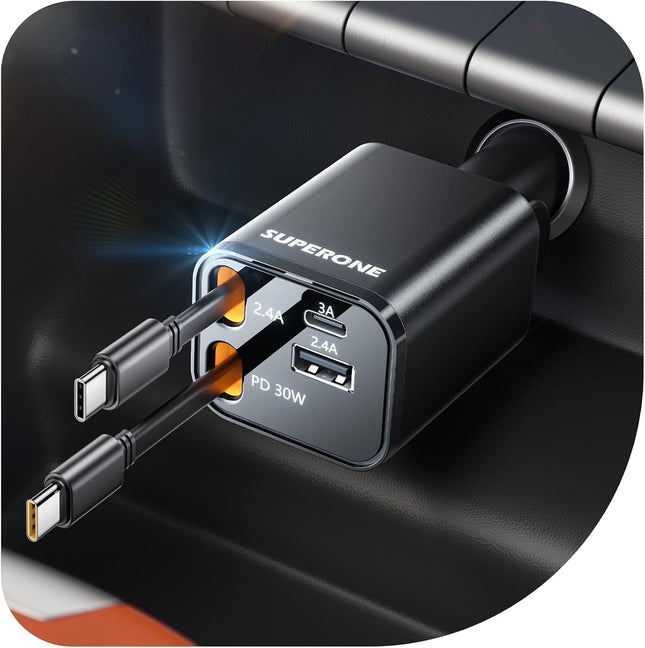 Retractable Car Charger – 4 in 1, USB C Fast Charging, Dual Type C for iPhone & More