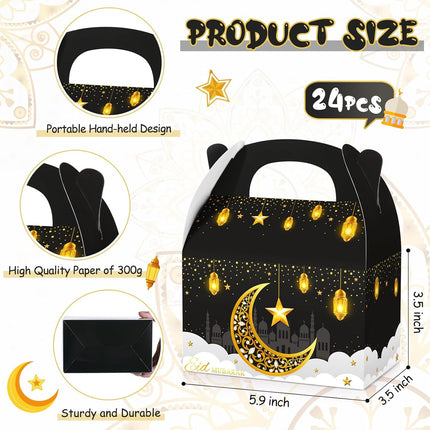 24-Pack Ramadan Treat Boxes Eid Gift Bags Black Gold Mosque Lanterns