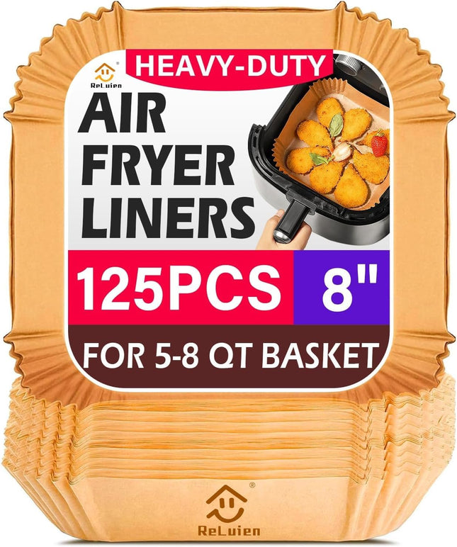 125 Pcs Non-Stick Air Fryer Paper Liners – 8" Square, Baking & Roasting