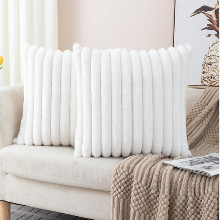 2-Pack Cream White Striped Faux Fur Pillow Covers 18x18, Plush Velvet Back