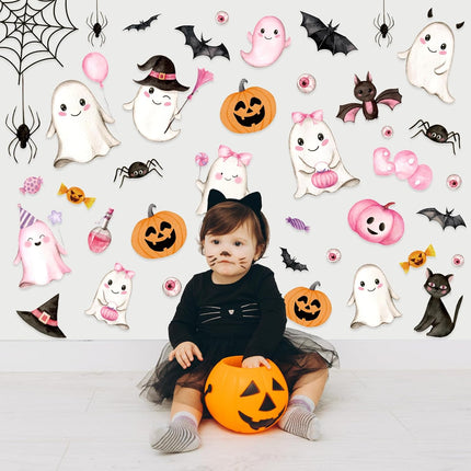 9-Sheet Pink Halloween Wall Stickers, Ghost Pumpkin Bat PVC Self-Adhesive Decals