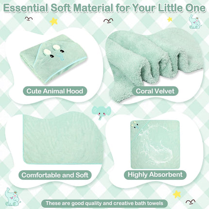 4-Piece Baby Towel Set, Elephant Hooded Bath Towel & 3 Washcloths, Soft Absorbent