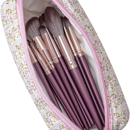 Cute Floral Cotton Makeup Bag – Travel Quilted Cosmetic Pouch, Pink