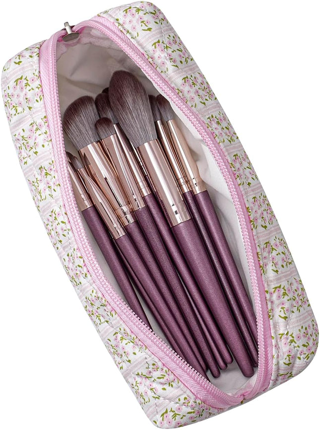 Cute Floral Cotton Makeup Bag – Travel Quilted Cosmetic Pouch, Pink