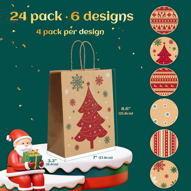 24PCS Assorted Christmas Gift Bags, 8.6x7x3.3'' Kraft Paper with Handles for Holiday Crafting