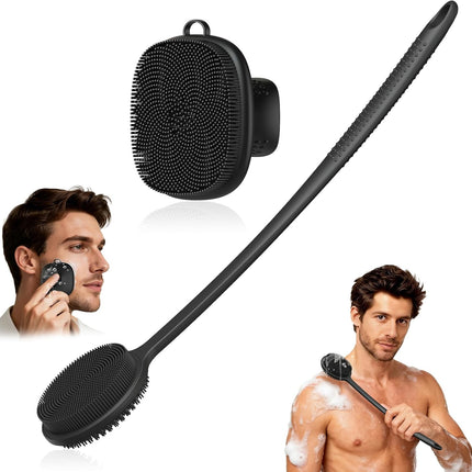 2Pcs Silicone Back & Face Scrubber Set, 17in Handle, Exfoliating Shower Brushes