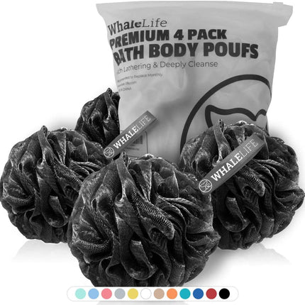 Loofah Bath Sponges – 4 Pack, Gentle Exfoliating Shower Mesh, Black