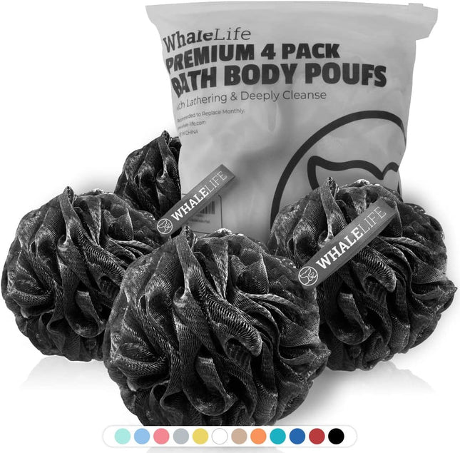 Loofah Bath Sponges – 4 Pack, Gentle Exfoliating Shower Mesh, Black