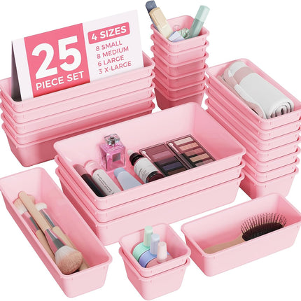 25 PCS Plastic Drawer Organizer Set, 4 Sizes Vanity Makeup & Storage Trays