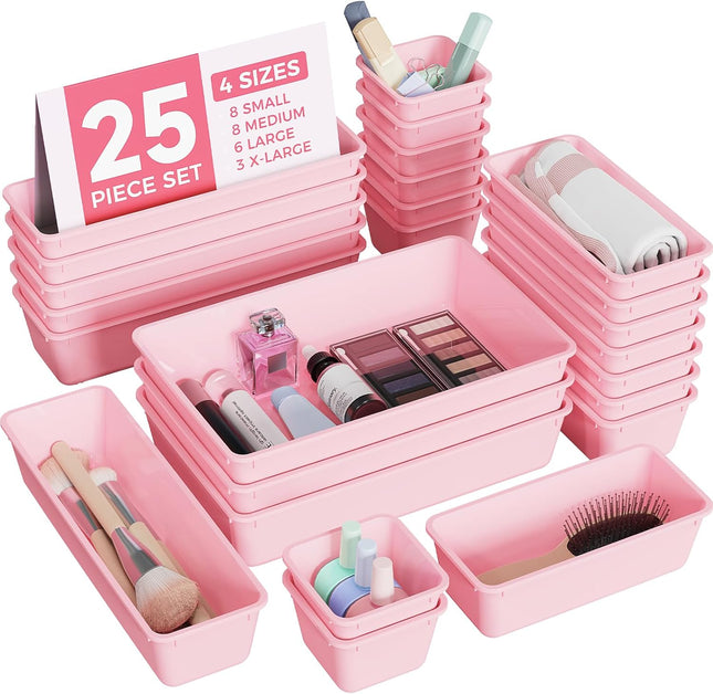 25 PCS Plastic Drawer Organizer Set, 4 Sizes Vanity Makeup & Storage Trays
