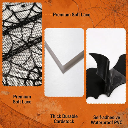 Halloween Indoor Decor Set, Happy Halloween Banner, Swirls, Spider Web & 3D Bats