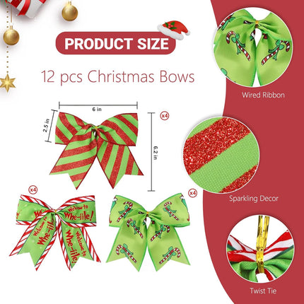 12PCS Large Christmas Bows – Red & Green Garland Decorations for Xmas