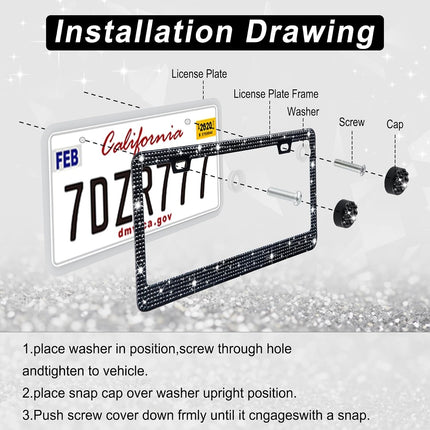 Bling License Plate Frame Women 2Pack Rhinestone Crystal Premium Stainless Steel