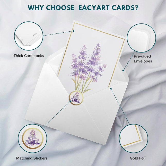 30 Blank Floral Greeting Cards with Gold Foil Borders, Envelopes and Stickers, 4x6 Inch
