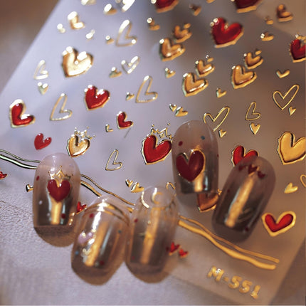 Valentine’s Day 5D Heart Nail Stickers: Red & Gold Embossed Nail Art for DIY Manicure