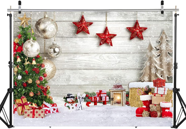 Christmas Backdrop 7x5FT – White Wood Floor with Snowflakes & Xmas Decor
