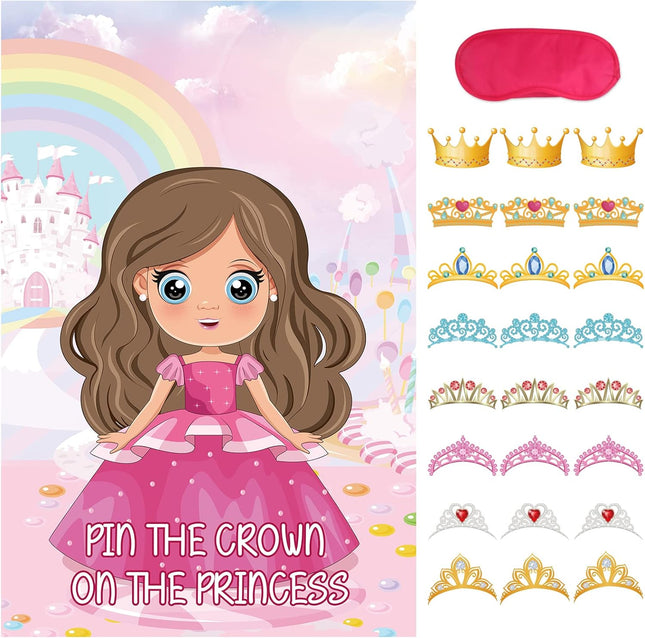 Pin The Crown on The Princess – Party Game with 24 Stickers for Girls' Birthday