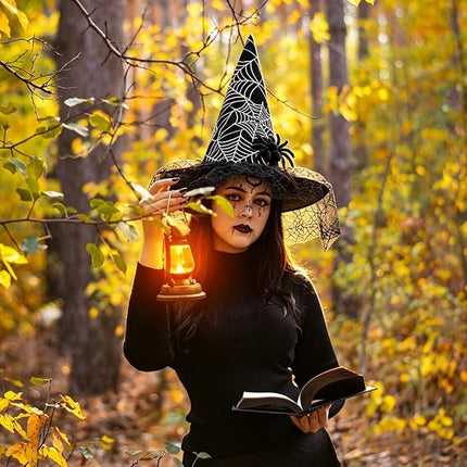 Foldable Lace Witch Hat with Spider Web Veil, Halloween Costume & Party Accessory