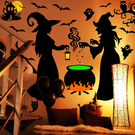 Large Halloween Wall Decals, Removable Vinyl Witch Bat Pumpkin Stickers for Decor