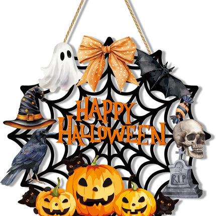 Halloween Wooden Wreath Welcome Sign, Spider Web Ghost Cat Pumpkin Front Door Decor