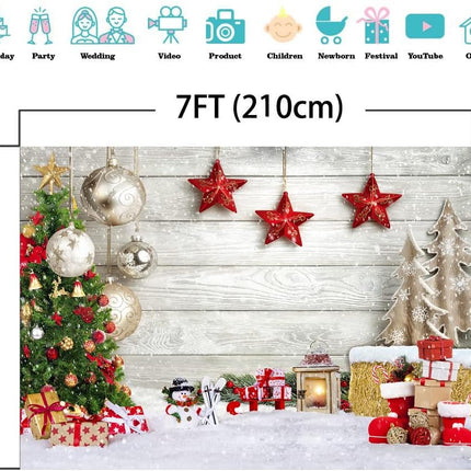 Christmas Backdrop 7x5FT – White Wood Floor with Snowflakes & Xmas Decor