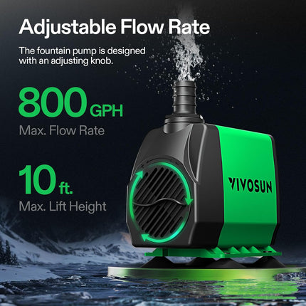 800 GPH Submersible Water Pump 50W, Adjustable Fountain Pump Ponds and Aquariums