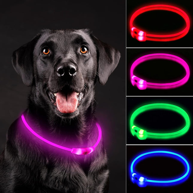LED Dog Collar – Rechargeable Light Up, Waterproof IP67, Adjustable Safety Necklace (Pink)