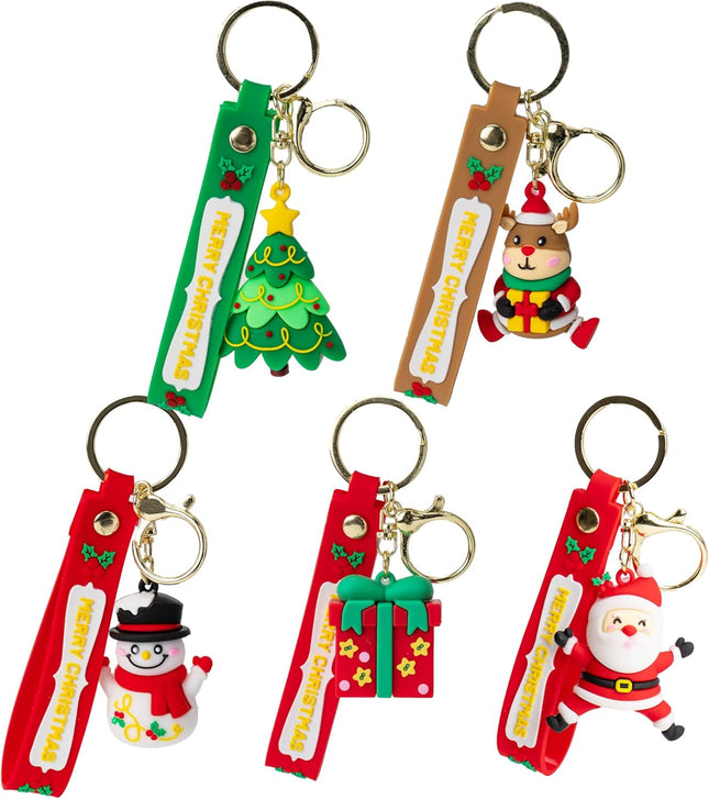 5PCS Christmas Keychain Set – 3D Santa, Tree, Reindeer & Snowman Charms
