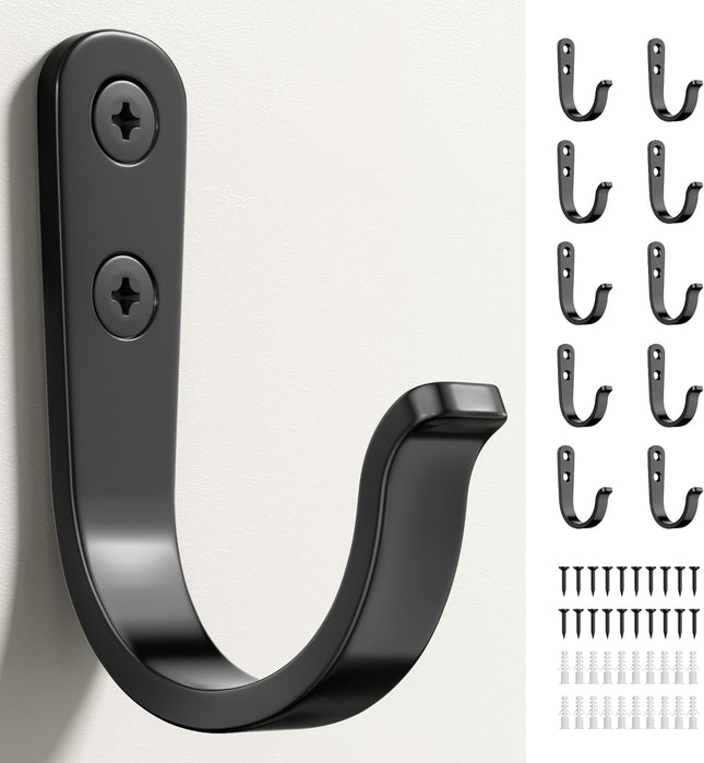 10PCS Wall Hooks – Black Metal Hooks for Hanging Coats, Towels, Bags & Keys (Up to 40 lbs)