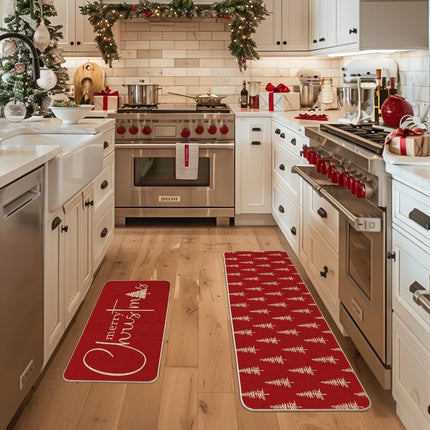Winter Kitchen Rugs Set of 2 Red Xmas Tree Mats 17x29 & 17x47 Inches