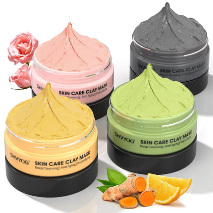 4PCS Face Mask Set – Turmeric, Vitamin C & Green Tea Clay Masks 240g
