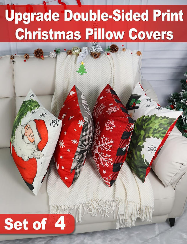 Christmas Decorations Set of 4 Double-Sided Print 18"x18" Pillow Covers with 8 Cute Designs
