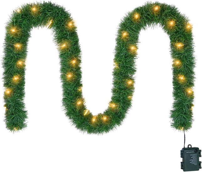 15.4ft Pre-Lit Christmas Garland with 50 LED Lights, Battery Operated, 8 Modes